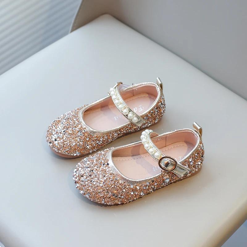 Dívčí třpytivé boty Dětské kožené boty pro střední velkou dívku Dětské párty svatební boty Kamínky s perlami Princeznovské balerínky