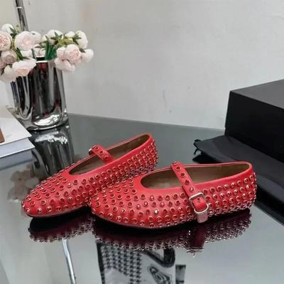Chaussures simples Mary Jane cloutées en diamant pour femmes, chaussures décontractées à fond plat et bout rond avec boucle