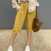 European & American Cotton Linen Casual Pants with Elastic Waist and Pockets, 7/8 Length, Pure Color.