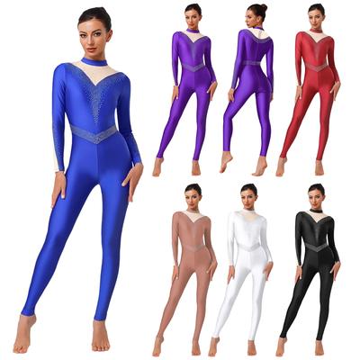 Mono de Gimnasia para Mujer Brillantes Pedrería Patchwork Cuello Simulado Manga Larga Cremallera Invisible en la Espalda Pantalones Largos