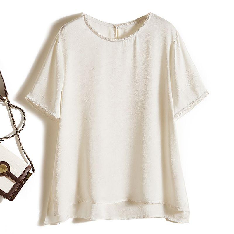 

New Wen Ya Girl Summer Blouse! Satin Poplin Silk round Neck Dark Pattern Beaded Short Sleeve Irregular T-shirt Temperament Commute White L