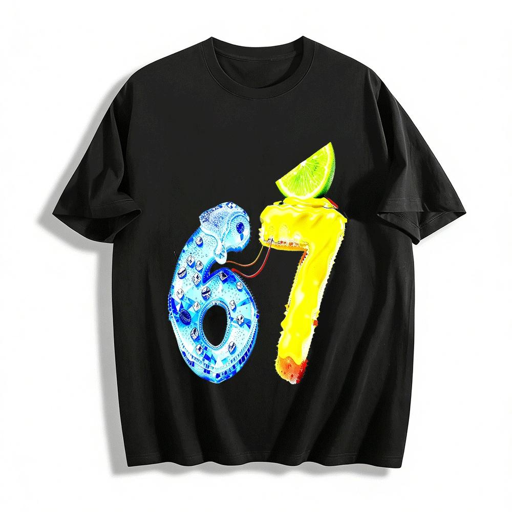 Funky 67 Number Print Tee Trendy Color Block Fruit Casual Top Pure cotton T-shirt XXS
