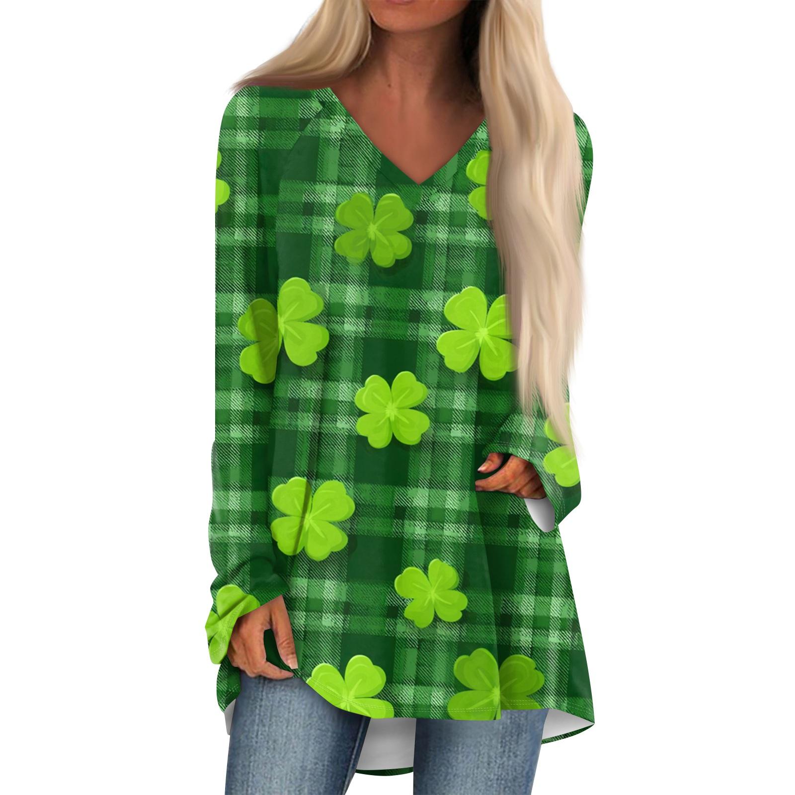 

Women s Fashionable Casual Long-Sleeved St. Patrick s Day Print V-Neck Mid-Length Top S