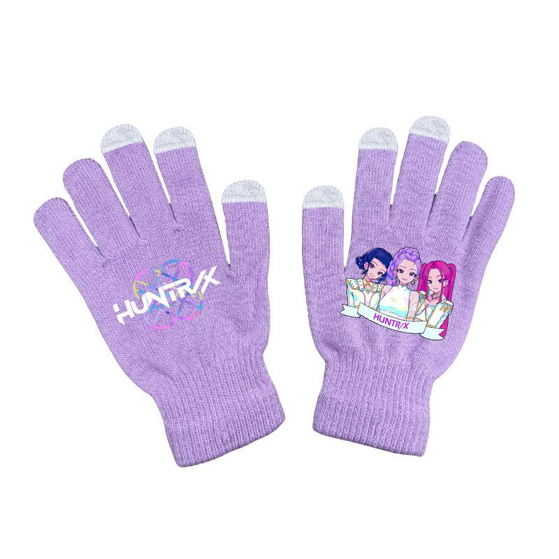 Kids Boys Girls Kpop Hunters Derpy Rumi Zoey Mira Printed Velvet Autumn Winter Warm Knitted Gloves