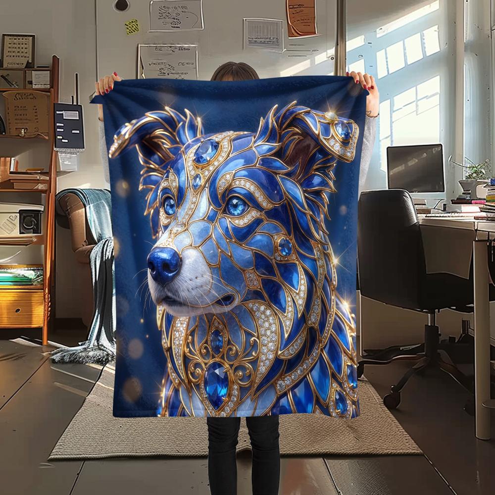 Blue Gemstone Puppy Kitten Print Flannel Blanket,High Quality Comfortable for All Seasons,Home Decor,Warmth and Comfort,Perfect for Christmas Gifts