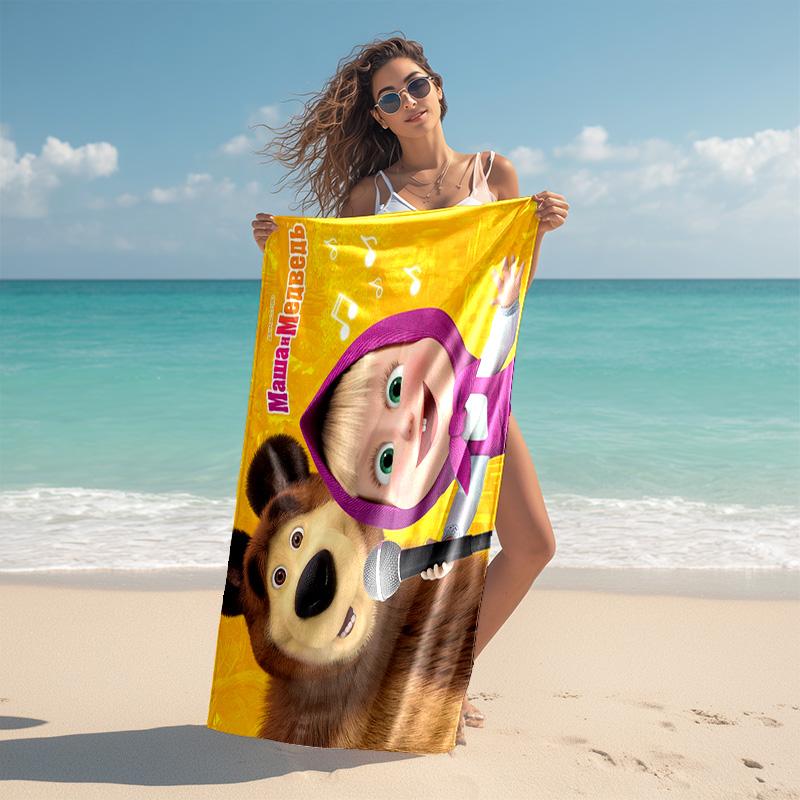 Fairy Tale Cute Cartoon Masha and the Bear Beach Towel, Outdoor Camping Beach Towel for Vacation Swimming, Outdoor Pool, Absorbent Bath Towel, H8