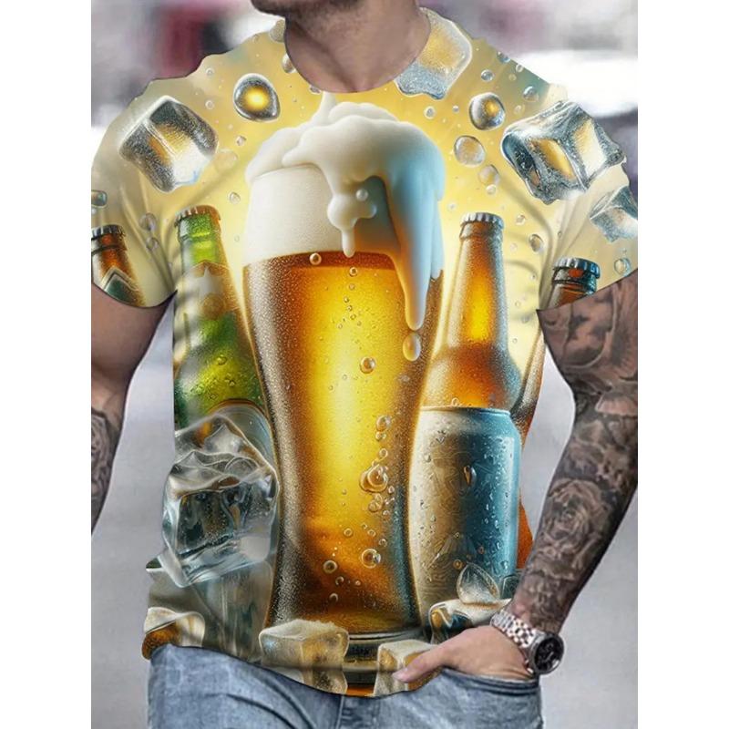 Camiseta Masculina Elegante Com Estampa De Cerveja 3D All-Over Print Design Camisetas Gráficas De Cerveja Masculinas Com Gola Redonda E Manga Curta