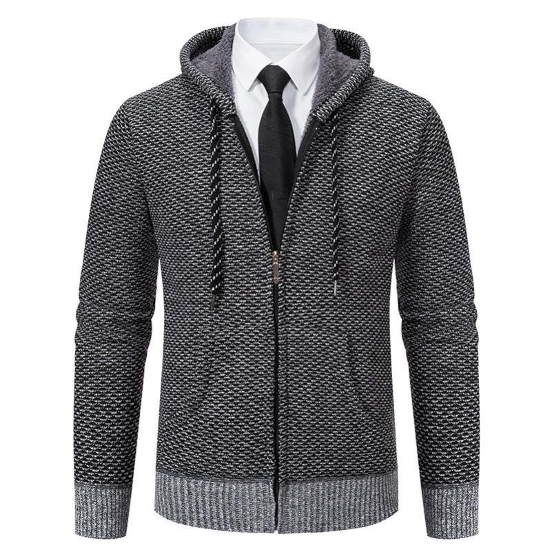 Cardigan Sweater Men s Autumn and Winter Plus Velvet Sweater Sweater Men s Outer Wear Hooded Knitted Jacket M серый