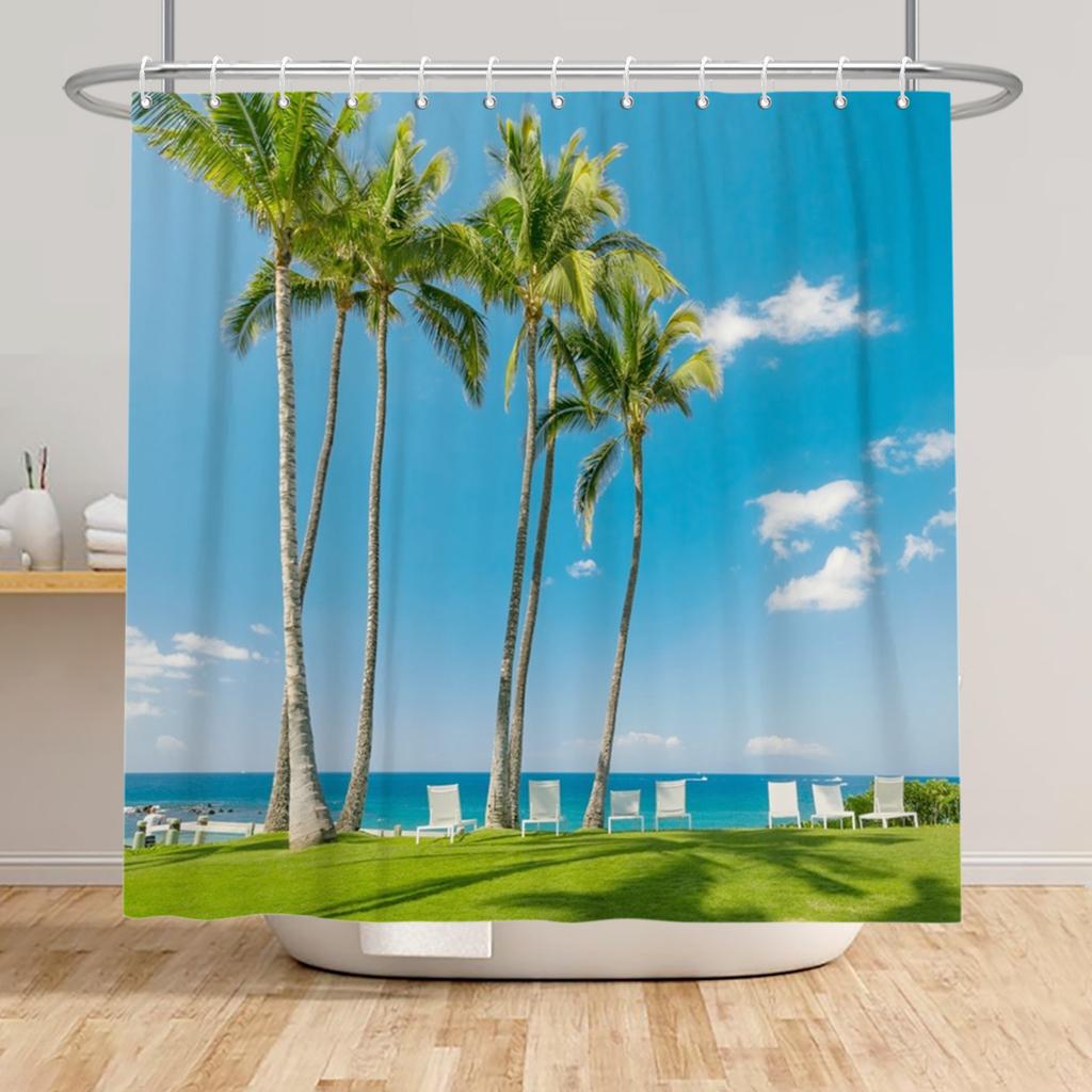 Beach Vacation Shower Curtain Tropical Palm Trees Ocean Waves Starfish Sandy Shore Pattern Waterproof Polyester Bathroom Decor