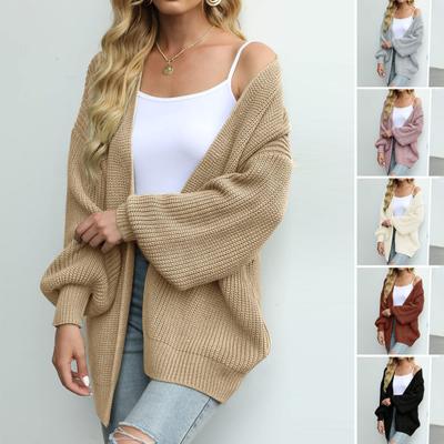Women Knitting Cardigan Lantern Long Sleeve Open Front Mid-length Sweater Coat Solid Color Loose Fit Knitting Outerwear