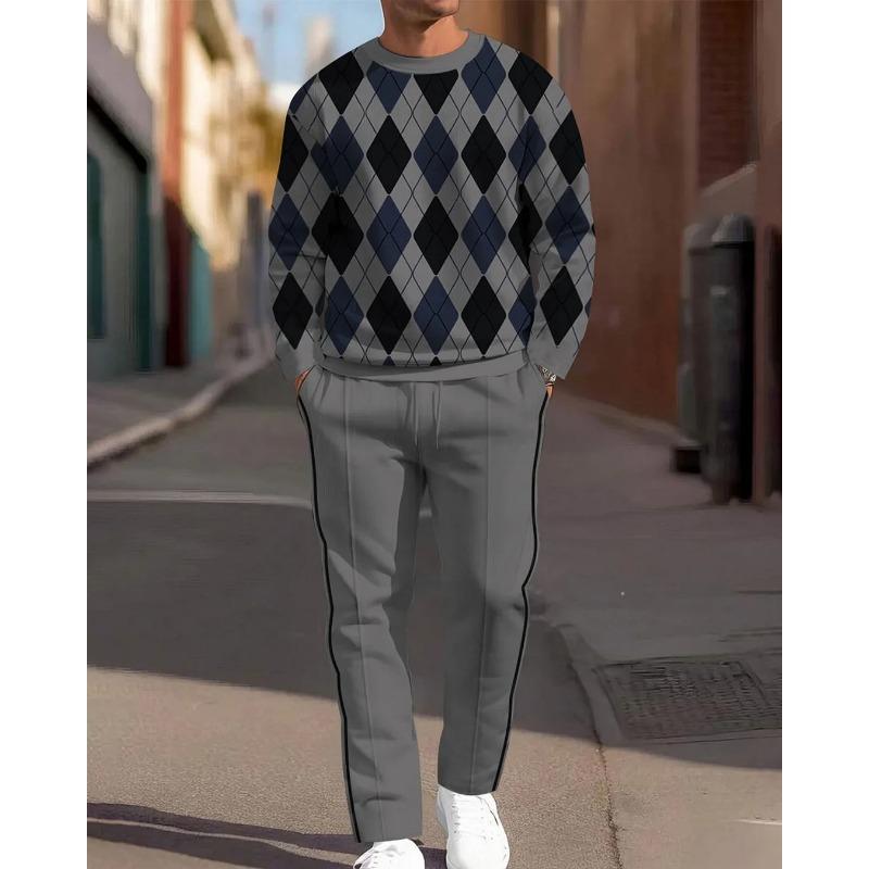 Men's Casual 2-Piece Set Comfortable Long-Sleeved Printing Round Neck Man T-Shirt and Drawstring Sport Two-Piece Sets