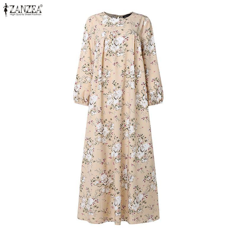 ZANZEA Women Casual Round Neck Loose Long Sleeve Print Long Dress
