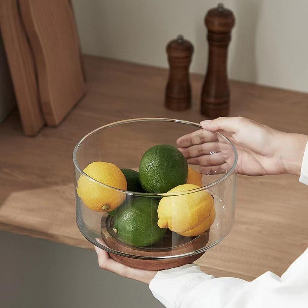 Wood Base Glass Fruit Bowl Transparent Glass Snack Storage Bowl Creative Salad Bowl Party