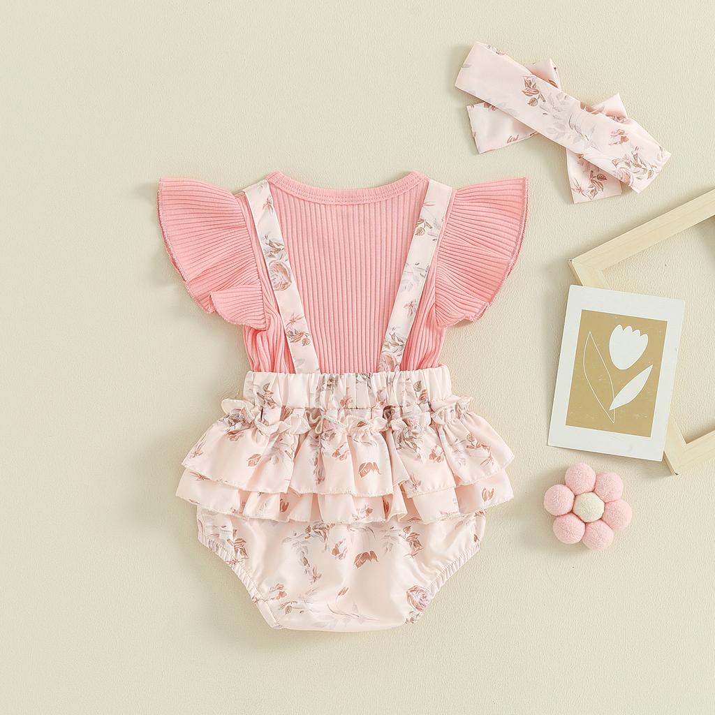Infant Girl Romper Rib Knit Patchwork Floral Print Fly Sleeve Ruffles Jumpsuits Newborn Clothes Baby Bodysuits with Headband