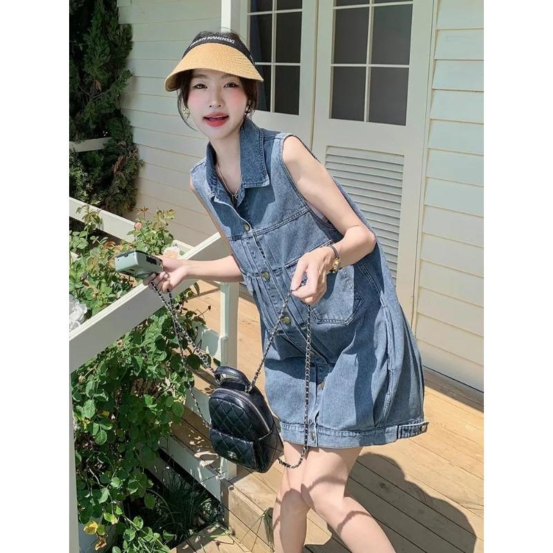 

Korean Retro Denim Sleeveless Dress Women Loose Button Down Summer Casual Dress M синій