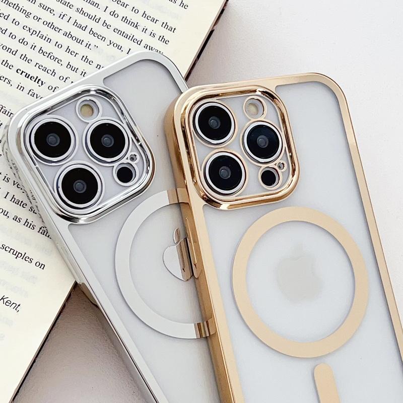 For Iphone 16 Pro 15 Pro Max 14 13 12 11 For Magsafe Cover Plated Border Clear Case Shockproof With Lanyard Phone Cover