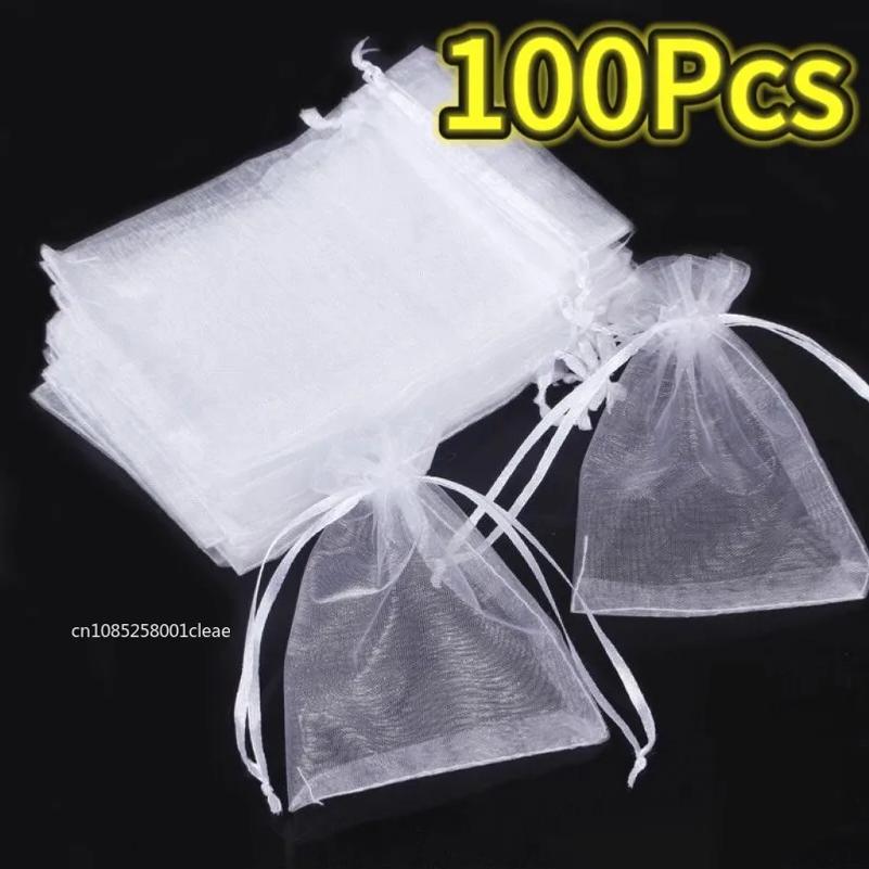 50/100Pcs White Sheer Organza Bags for Wedding Favor With Drawstring, Jewelry Pouches Festival Mesh Gift Bags Candy Pouches