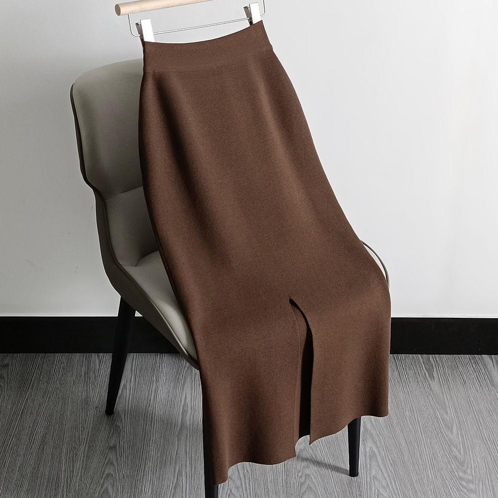 

Вязаная юбка женская большого размера осенне-зимняя с разрезом облегающая юбка-карандаш с высокой талией стройнящая длинная юбка повседневная прямая 2XL темно-коричневого