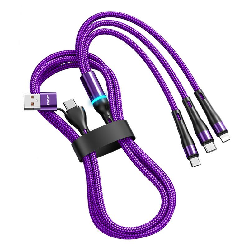 

ENKAY 1.3m USB/Type-C to iP/Type-C/Micro USB 5A Fast Charge Data Cable with LED Indicator,Nylon Braided Purple