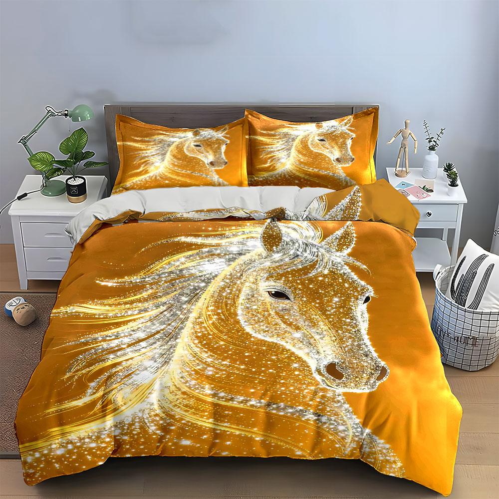 Glittering Golden Horse Design Bedding Duvet Cover Set Duvet Cover Pillowcases  (1 * Duvet Cover 2 * Pillowcases, without duvet insert)