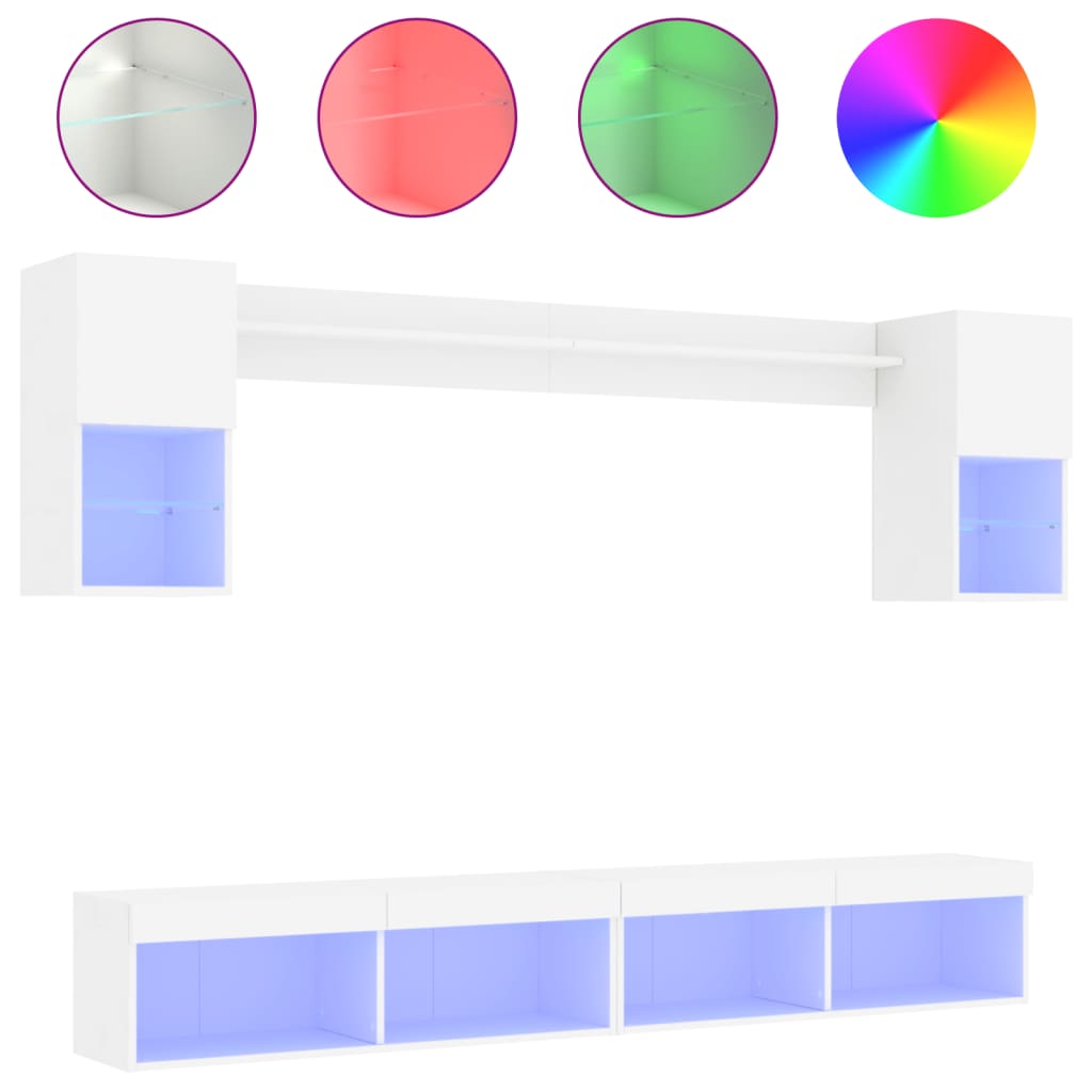 6 Piece TV Wall Unit with LED Lighting White Engineered Wood