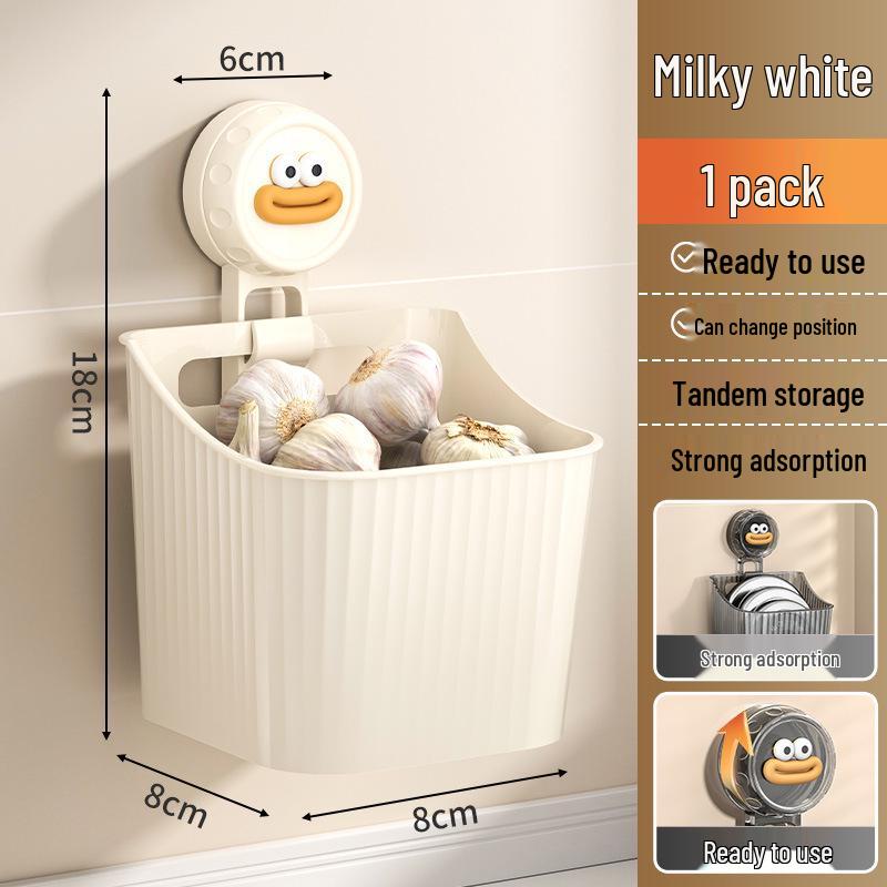 Punch-Free Wall-Mount Kitchen Shelf: Suction Cup Storage Basket for Scallion, Ginger, and Garlic