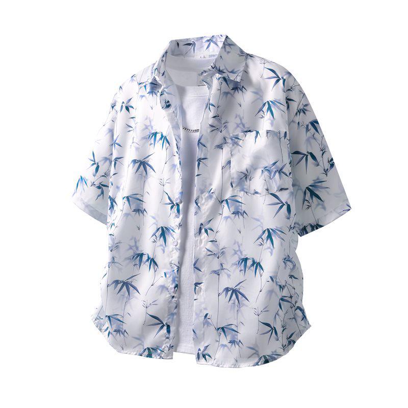 

Повседневная рубашка с коротким рукавом, принт бамбуковый лист, китайская тушь Extra Large белый
