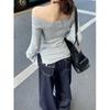  niche slanted shoulder long-sleeved knitted sweater women's autumn and winter inner sweater high-end slim-fitting bottoming shirt off-shoulder top