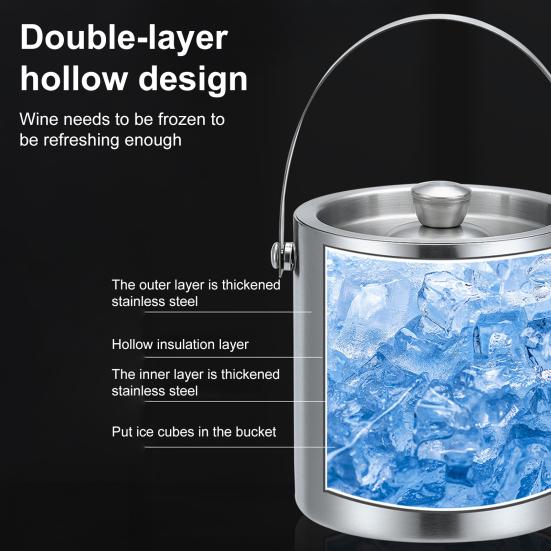 Stainless Steel Ice Bucket Portable Double-Layer Insulated Barrel with Handle Design