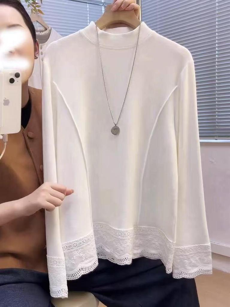 Korean Lace Patchwork Long-Sleeve Women’s T-Shirt, Age-Defying Loose Base Layer, Fall/Winter 2025 Fashion Design