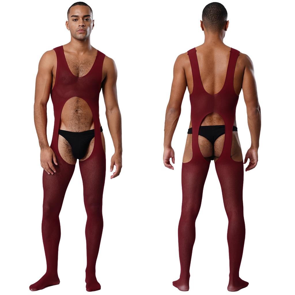 Mens See Through Sheer Jumpsuit Sleeveless Hollow Out Opening Crotch Bodysuit