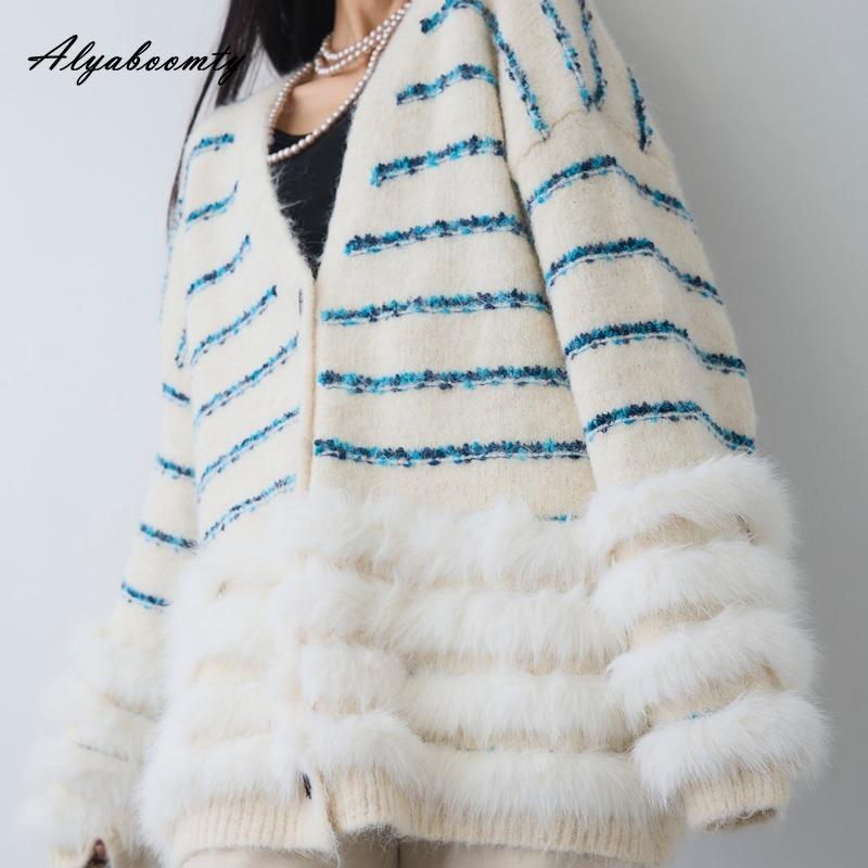 Korean Style Autumn Winter Women Knitting Cardigan V Neck Grey Brown Beige Loose Oversized Striped Knitted Outerwear With Faux Fur Trim
