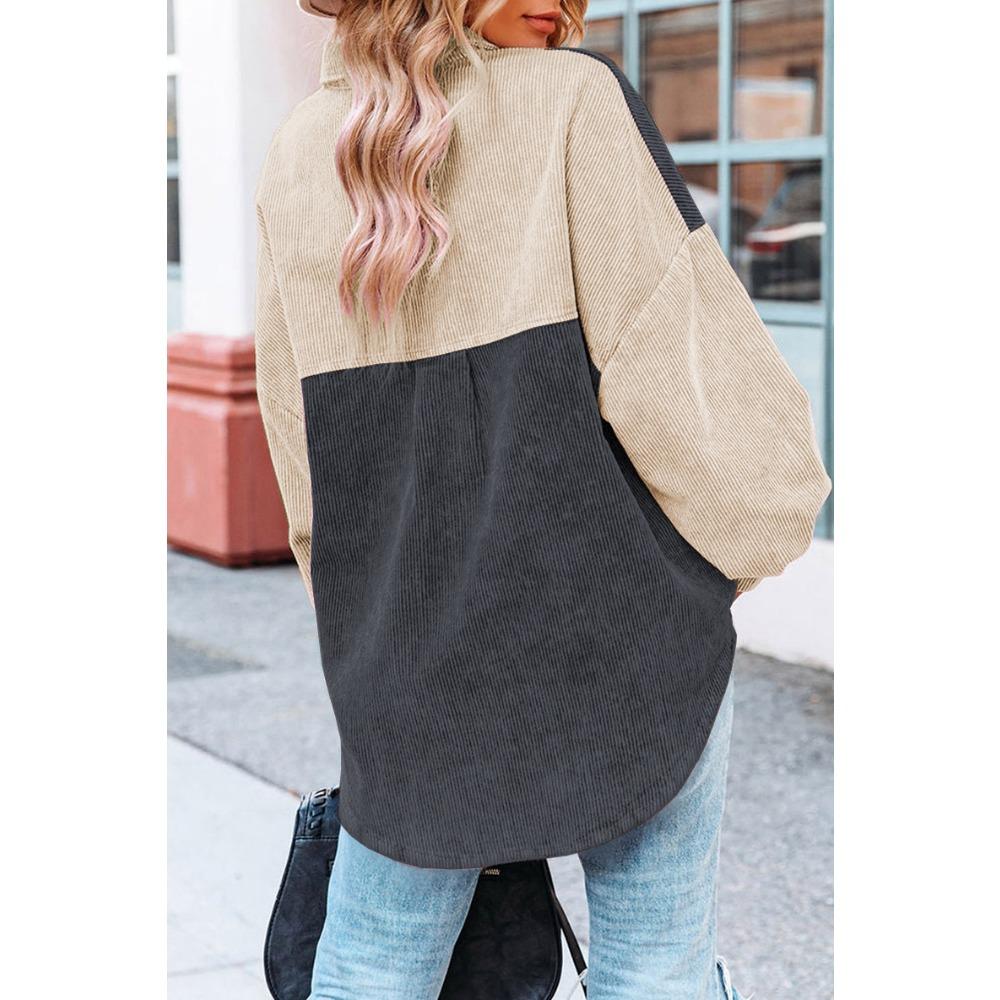Women's Loose Casual Color Blocked Lapel Button Long Sleeved Shirt Top Long Sleeved Shirt