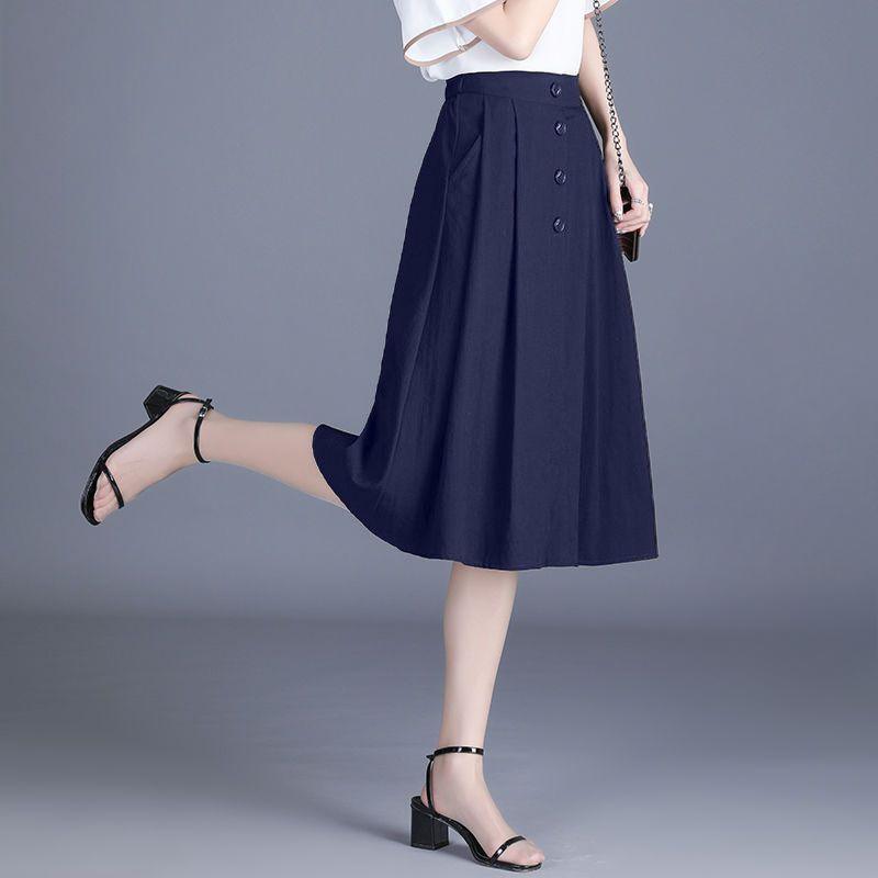 Nylon Cotton Bamboo Linen Skirt Women's Stylish Button Umbrella Skirt Young Casual Mid-length A-line Skirt Elastic Waist Skirt