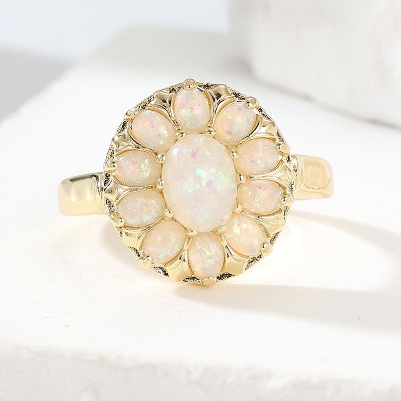 Dazzling Inlaid Imitation Opal Flower Women's Ring Trendy Gold Color Geometry Daily Wear Party Jewelry Anniversary Gift