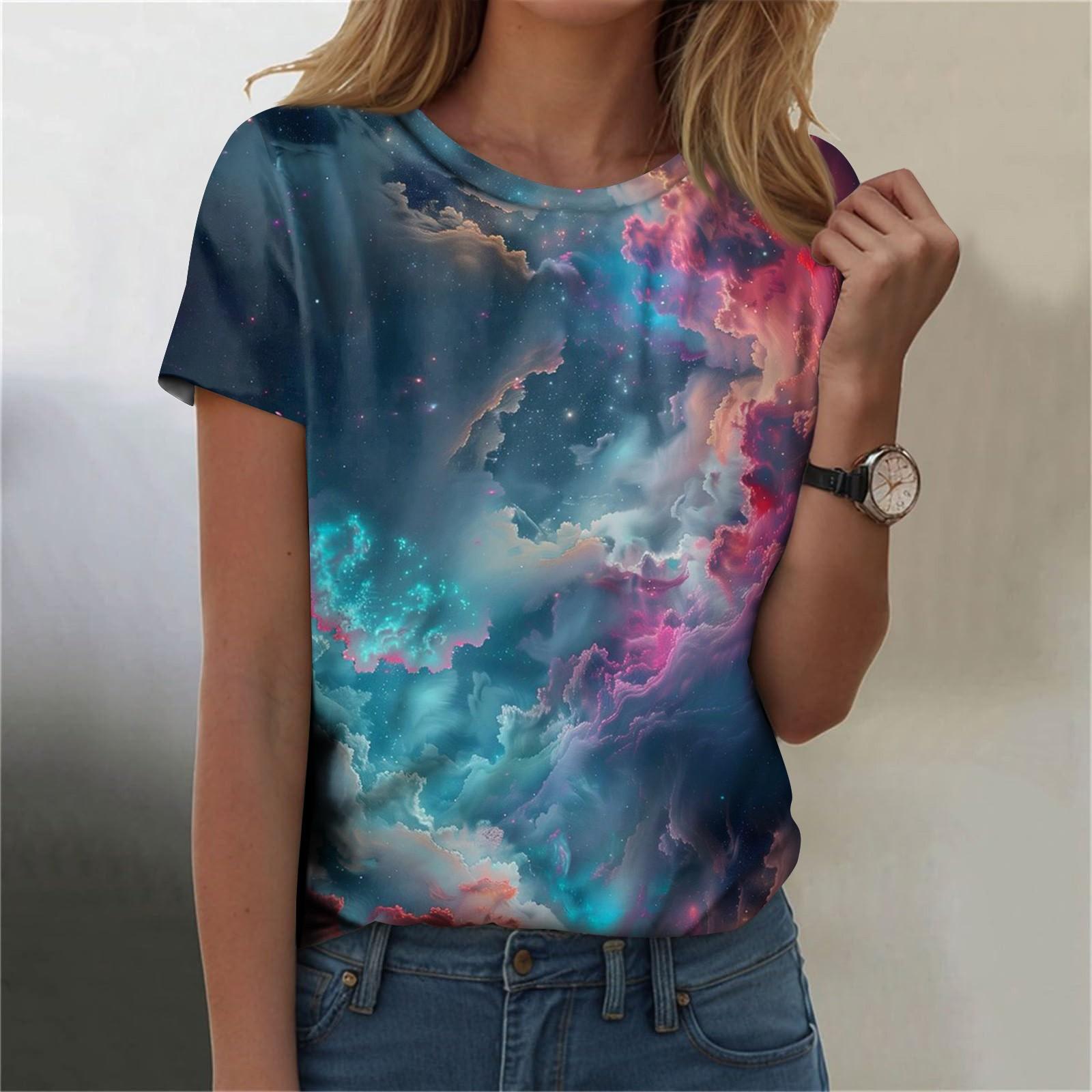 

Женская мода повседневная футболка с круглым вырезом и короткими рукавами с принтом неба XL