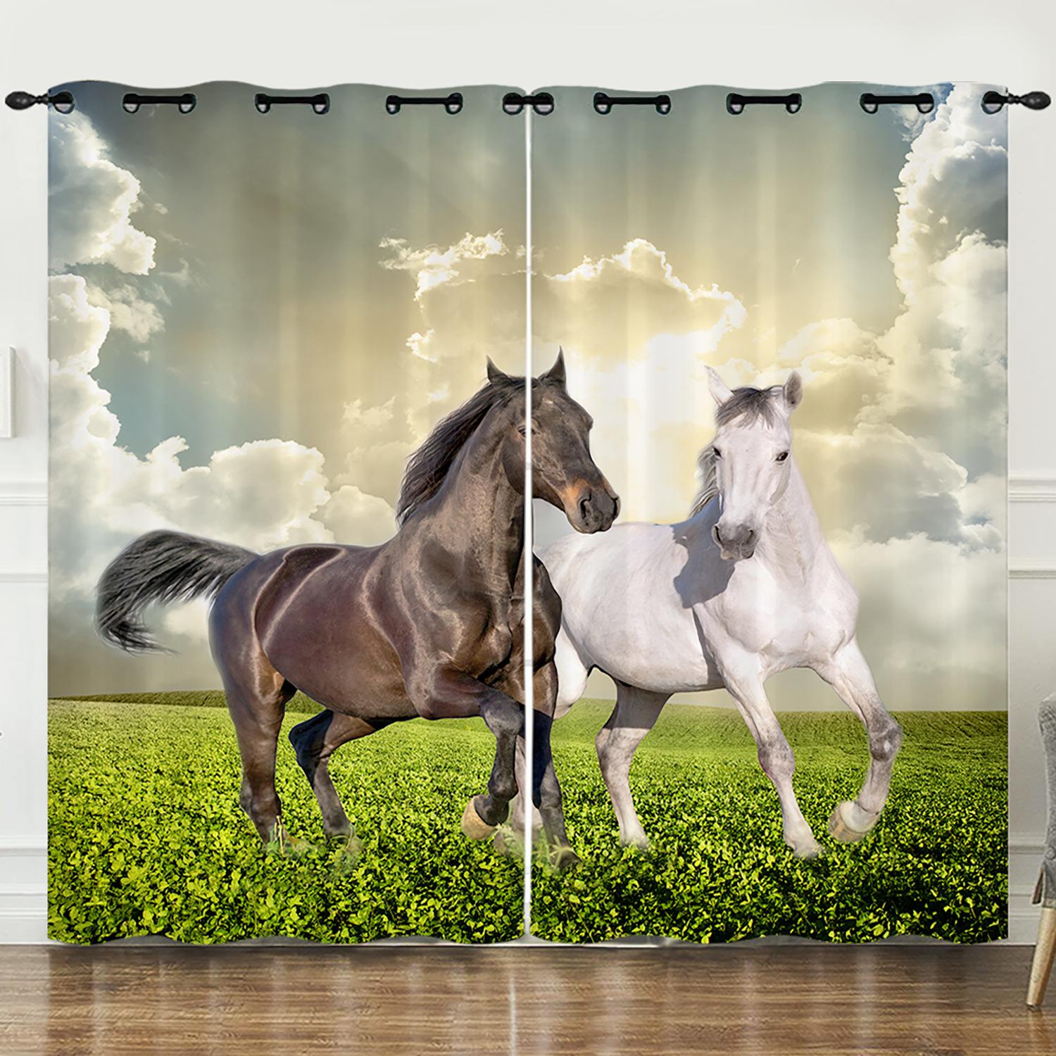 

Штора Цветок Персиковый цвет Животное Лошадь 3D Цифровая печать Светонепроницаемая штора На люверсах 97cm*114cm*2
