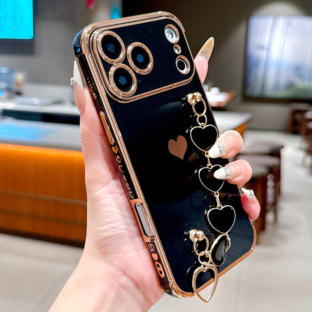 Plating Silicone Case For iPhone 17 Air 16E 16 15 14 13 12 11 Pro Max 15Pro 14Pro IPhone15 Wrist Bracelet Strap Love Heart Cover