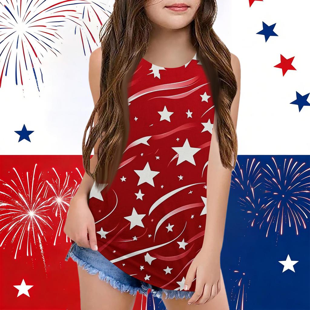 Girls  Kids Summer Crewneck Sleeveless Shirts Tank Tops Independence Day