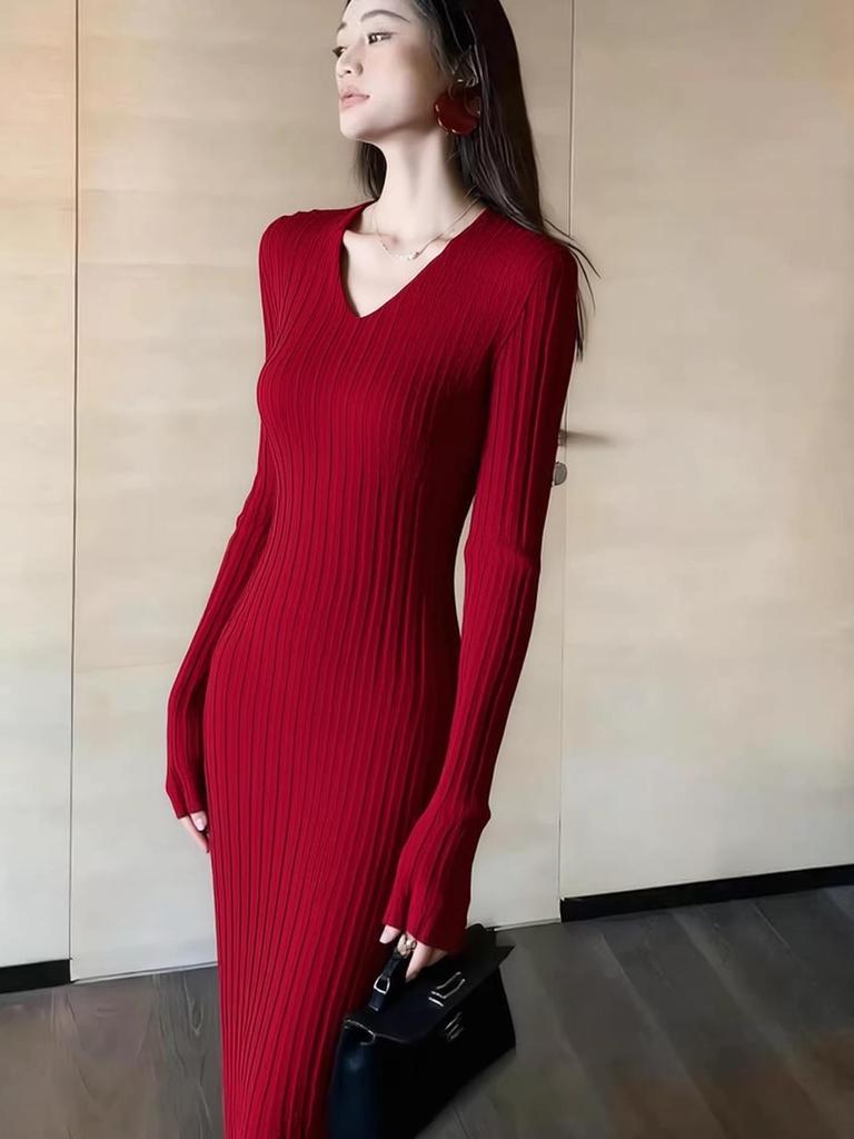 Women's 2026 Red V-neck Knit Bodycon Dress - Autumn/Winter Slim Fit Long Dress