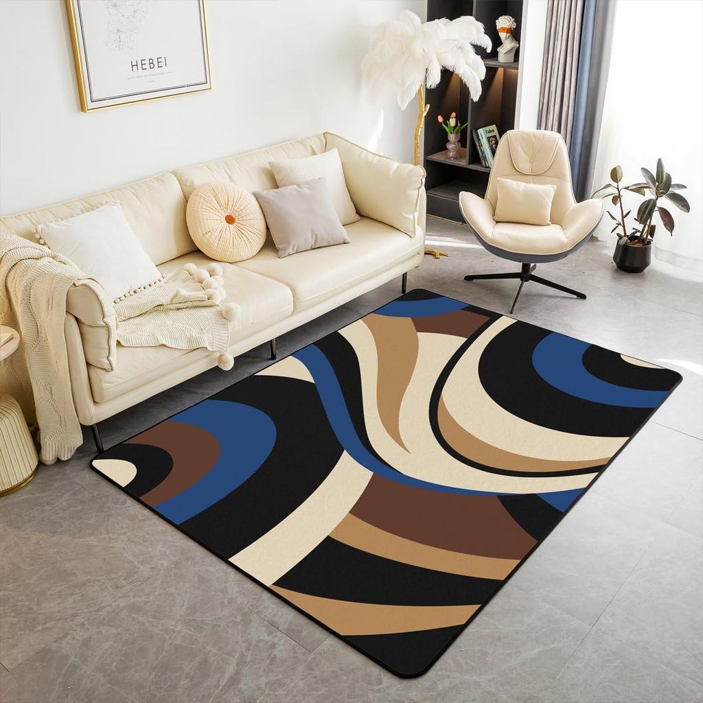Contemporary Earthy Tone Themed Rug,Red Brown Beige Abstract Wave Non-Slip Floor Mat for Bedroom Living Room Office Decor Carpet