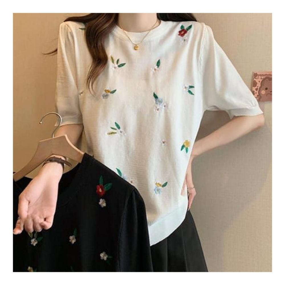 Navava Short Sleeve Knit Flower Embroidery Round Neck Nk2211