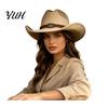 Outdoor Travel Felt Hat Unisex Western Cowboy Hat, Wool Fedora with Faux Leather Autumn Winter Warm Band, Retro Wide Brim Cowgirl for Men Women