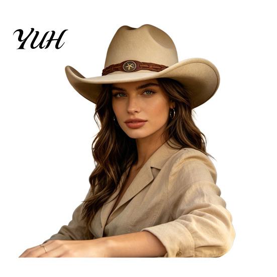 Outdoor Travel Felt Hat Unisex Western Cowboy Hat, Wool Fedora with Faux Leather Autumn Winter Warm Band, Retro Wide Brim Cowgirl for Men Women