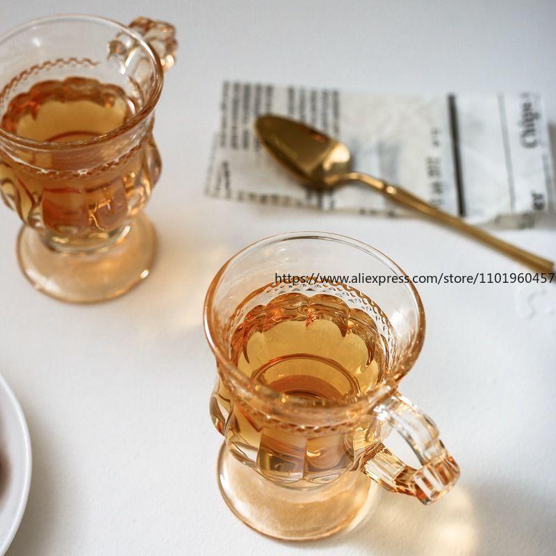 3PCS Amber Glass Cups Vintage European Style Cute Design for Tea Black Tea Milk Tea Wine Drinks