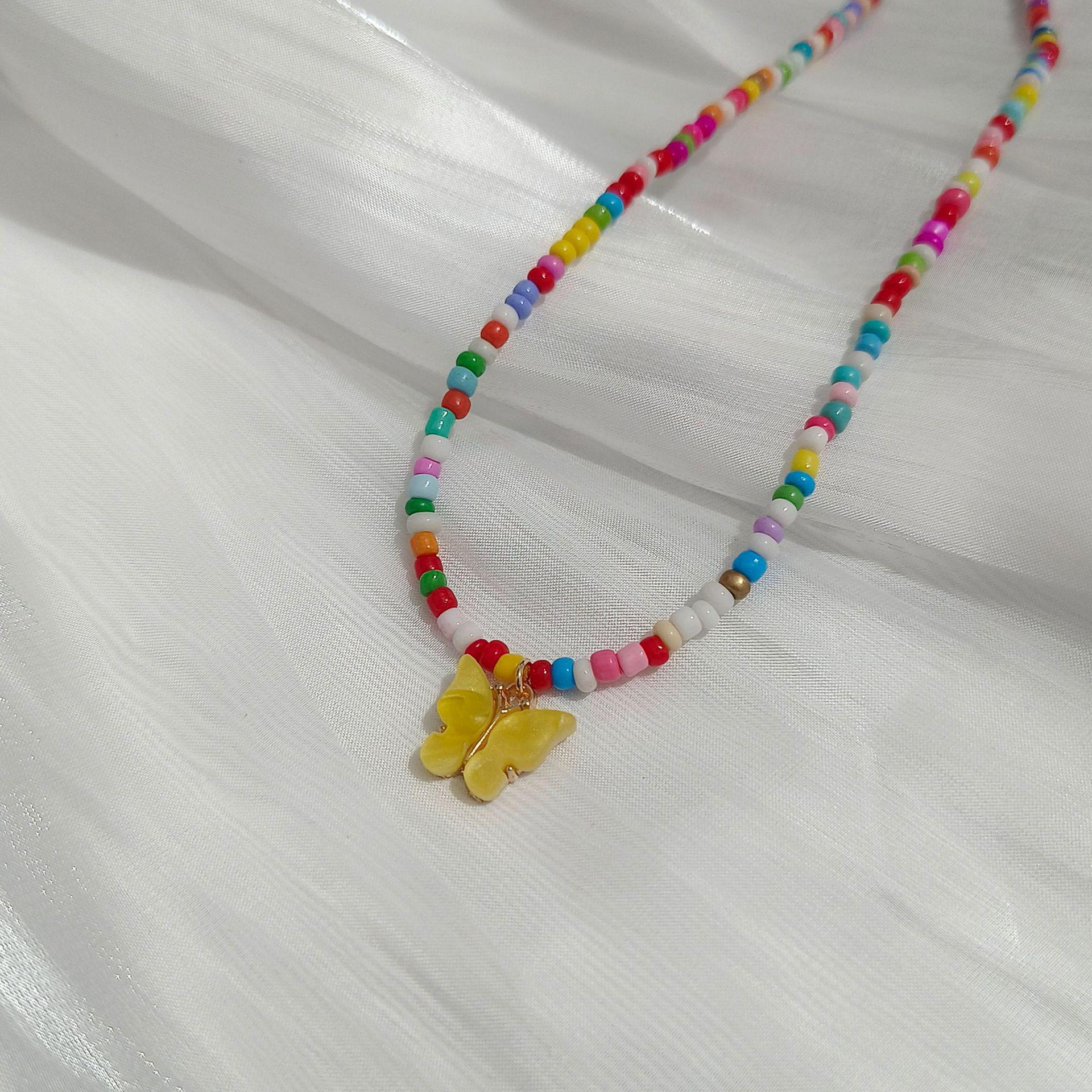 European Retro Bohemian Multi-Color Beaded Necklace with Butterfly Pendant жёлтый