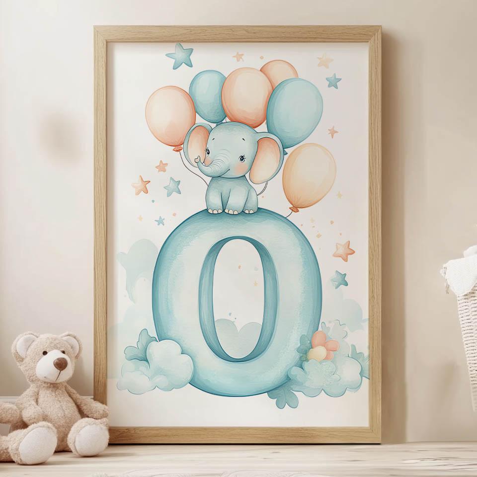 Plakat Słonik Na Chmurze Z Literą O Plakat Słonik Na Chmurze Z Literą O, 50X70 Cm, Rama Aluminiowa Złota, Papier Matowy 230 Gsm