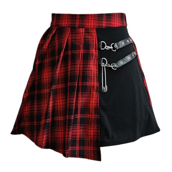 Women Mini Skirt Checkered Print Contrasting Color Pleated Skirt High Waist Metal Chains Belts Decoration Irregular Skirt