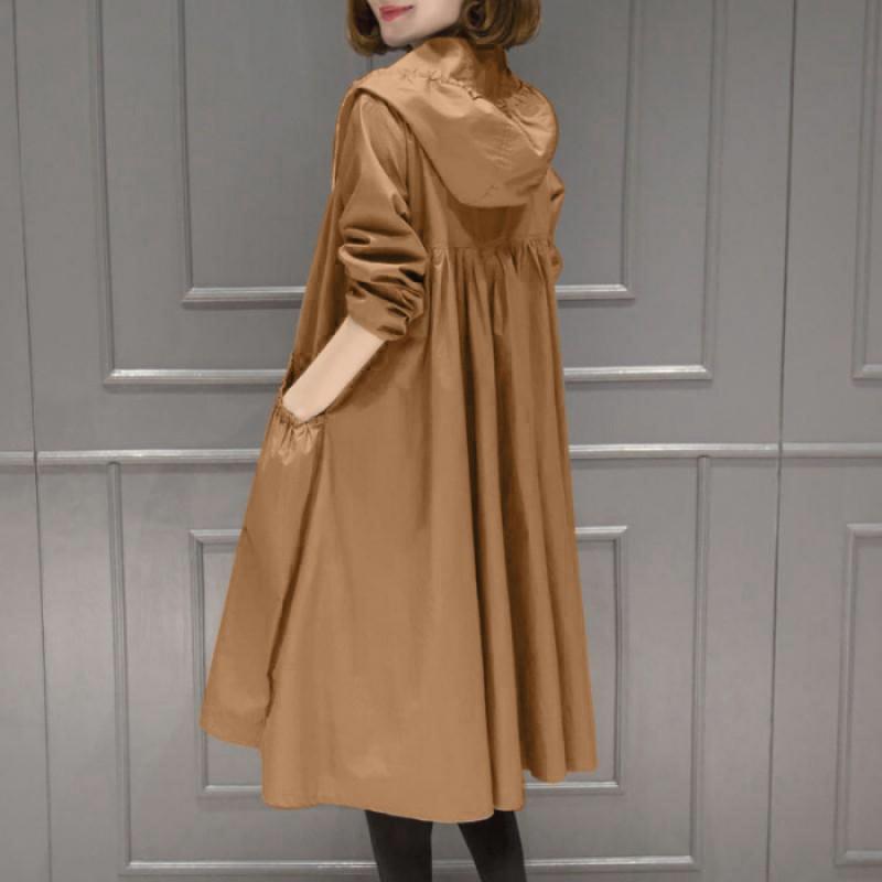 Damen Oversized Kapuzen-Trenchcoat Mittellang Lockerer Schnitt Einfarbig 2025 Stilvolle Lässige Oberbekleidung