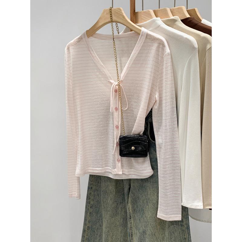 Korean Style Women's Striped V-Neck Cardigan - Summer Sun Protection, Sweet Casual Loose Fit, Long-Sleeved Top